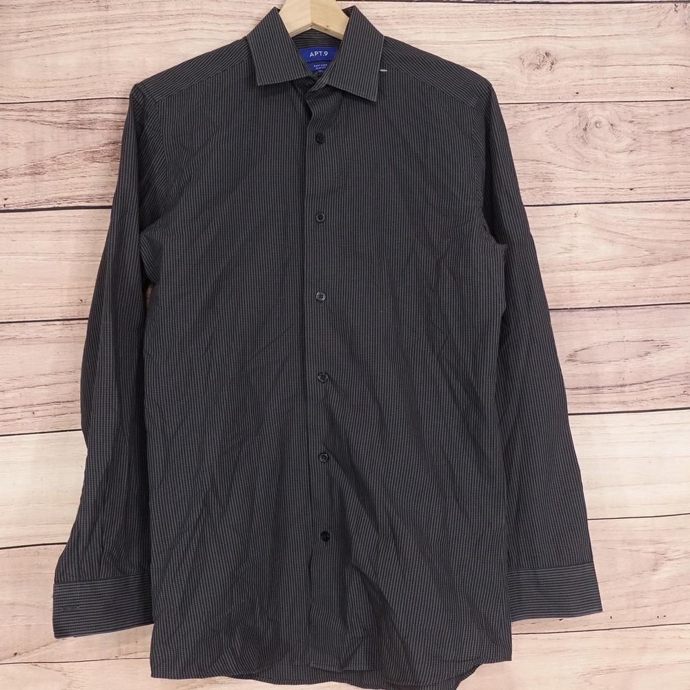 APT.9 Dress Shirt Mens 14.5 32/33 Slim Fit Gray Check Easy Care Point Collar